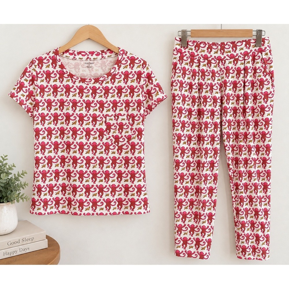 Roller Rabbit Monkey Pajama Set Pima Cotton Pink Hathi Print S Short Sleeve